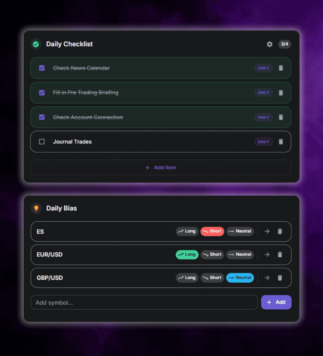 User interface featuring a Daily Checklist for trading routines and a Daily Bias tool to track market sentiment for different assets.