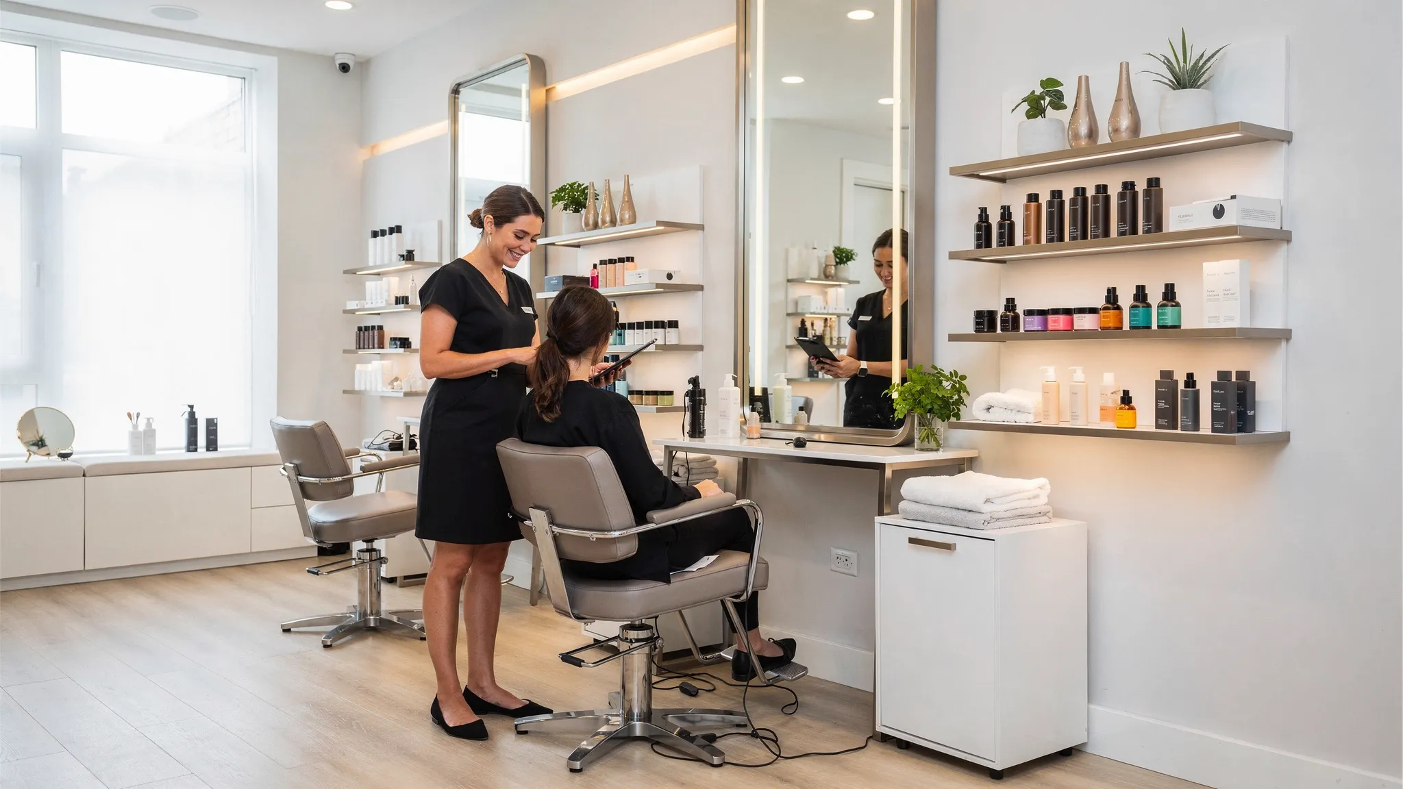 A clean upscale hair salon with a stylist consulting a client beside a styling chair, showing product shelves, soft lighting, and a relaxed professional atmosphere.