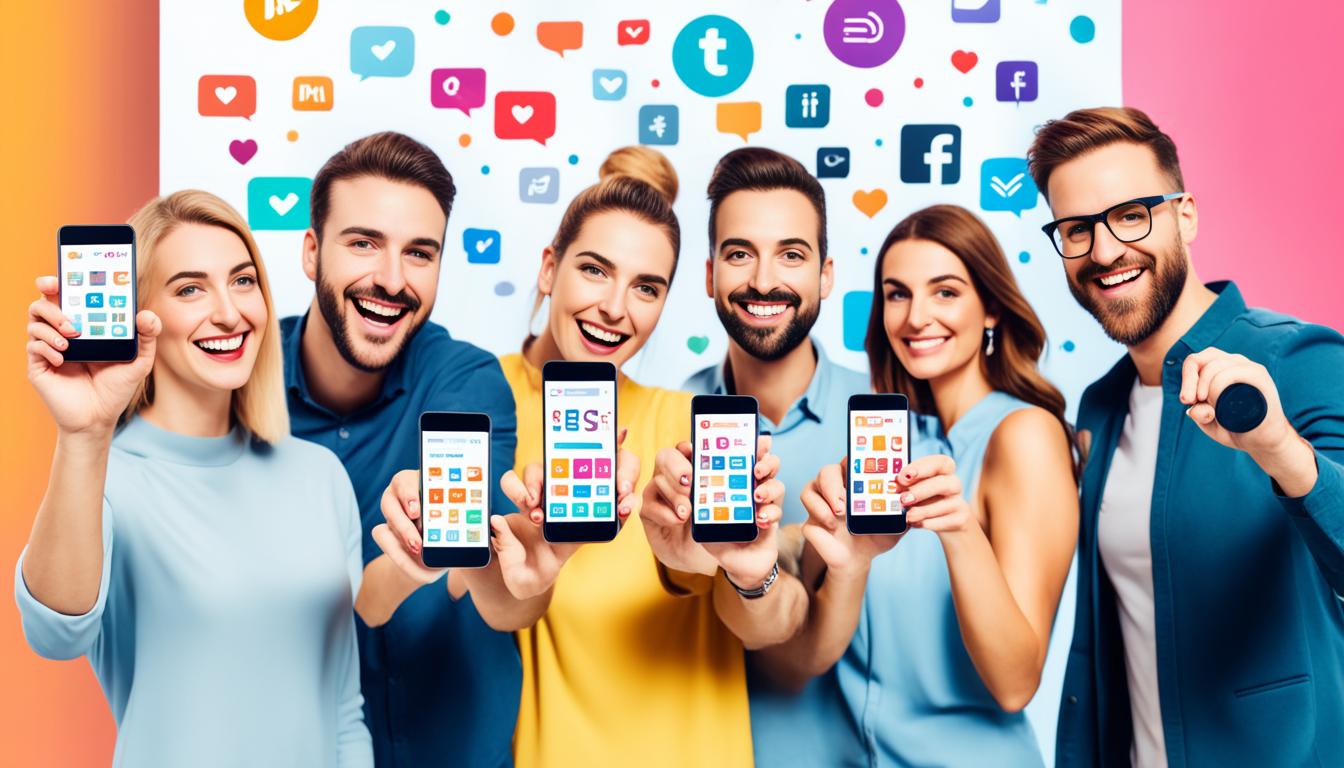 A diverse group of people holding up smartphones with images of products they love, surrounded by colorful hashtags and social media icons. The group is positioned in front of a large screen displaying analytics and success metrics, highlighting the impact of user-generated content on brand growth.