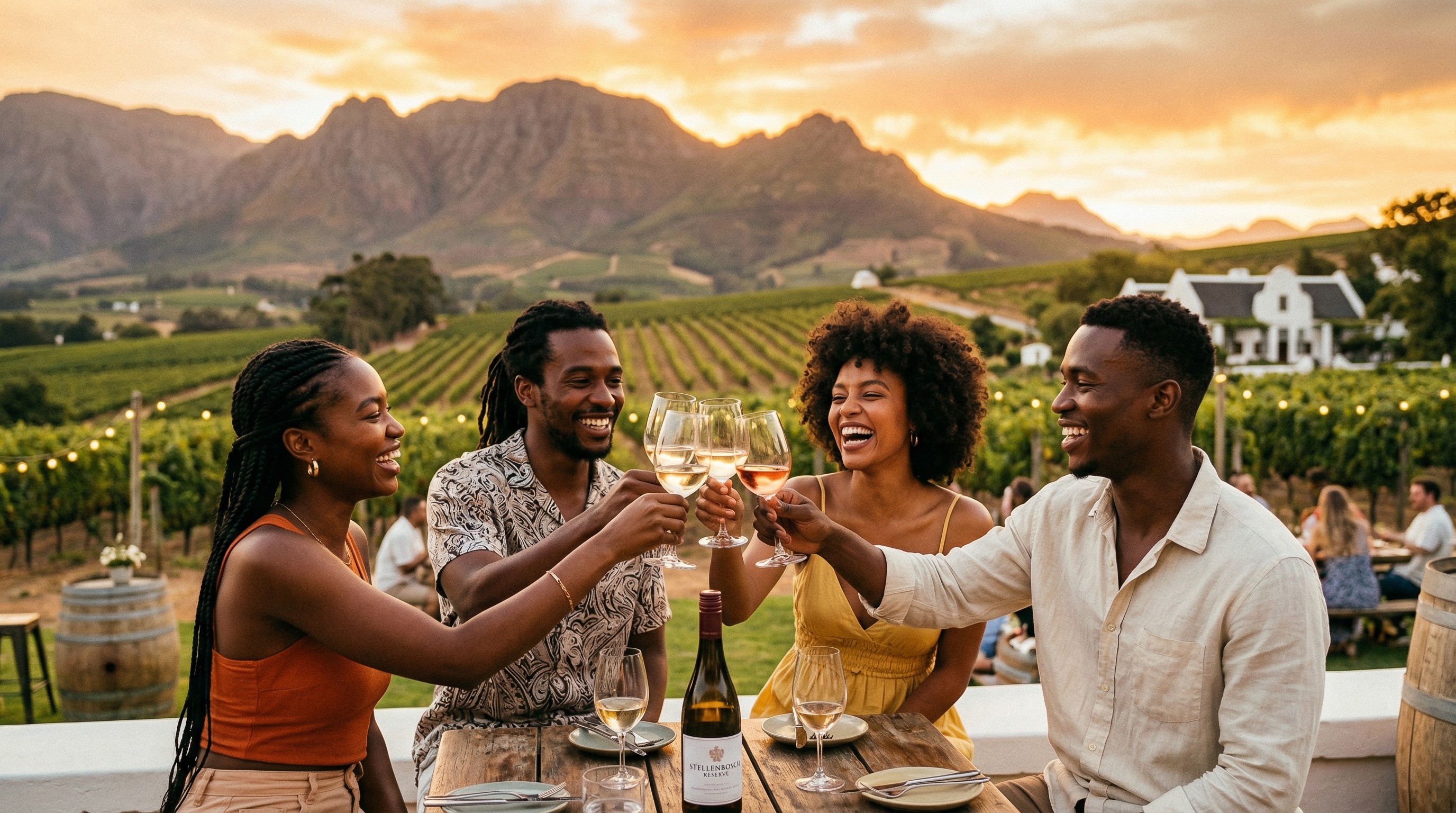 Young African friends with wine glasses being raised at a vineyard in Stellenbosch at golden hour