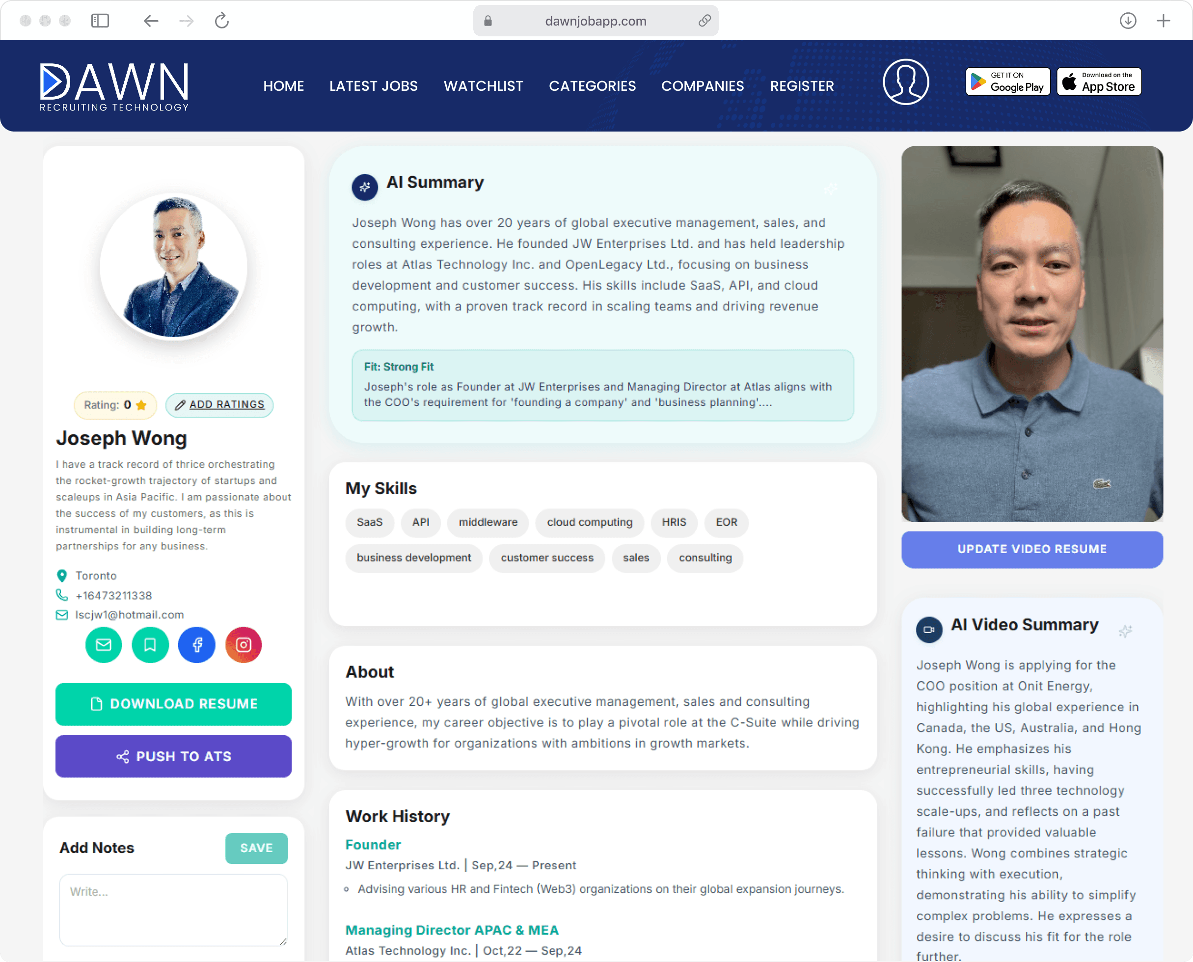 Profiles with Video & Resumes