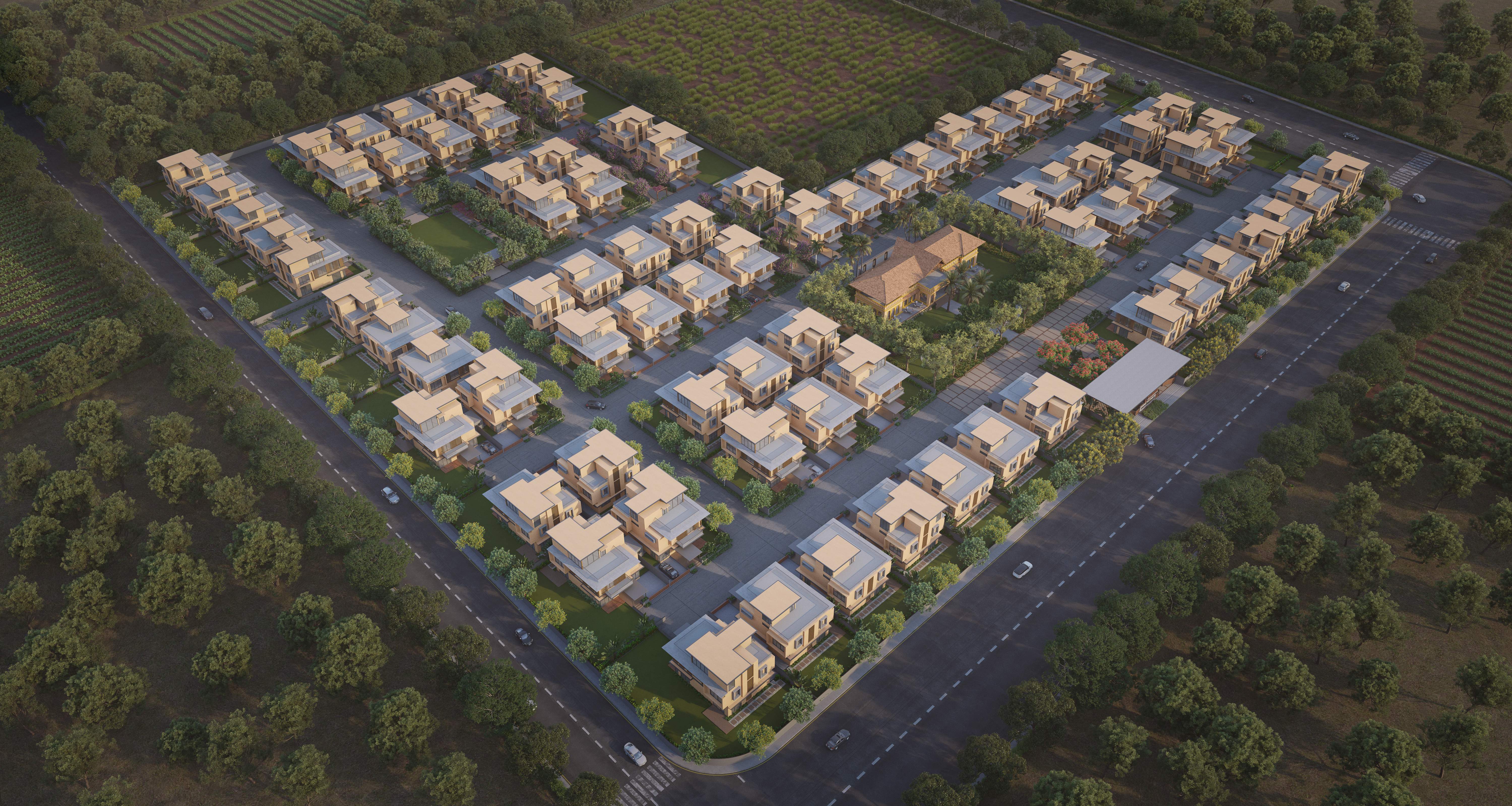 Aerial view of Medhaansh @ Shela Extension plotted community at dusk