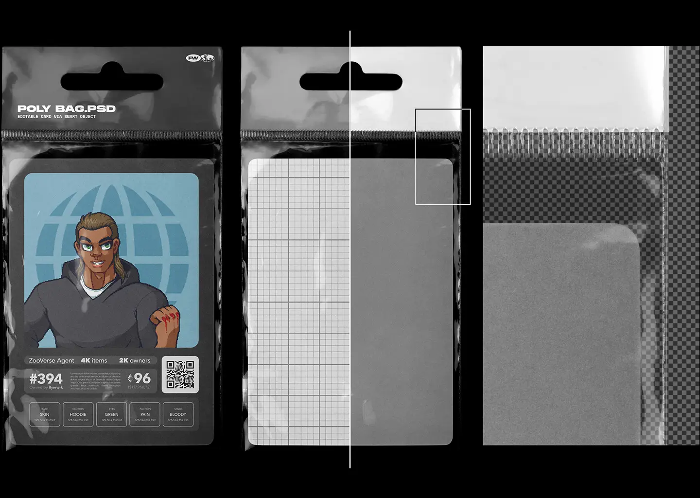 Macro close up of the Hanging Poly Bag Mockup showing high resolution plastic wrinkles and a grid texture comparison