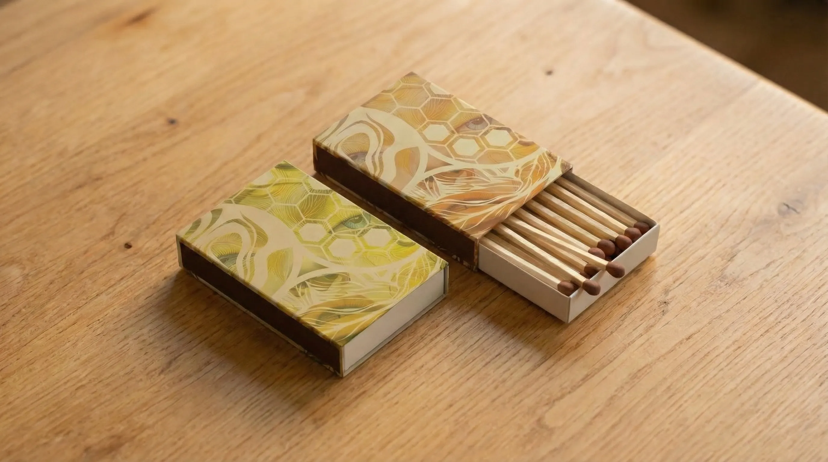 Graphic design on matchboxes inside a coffeeshop