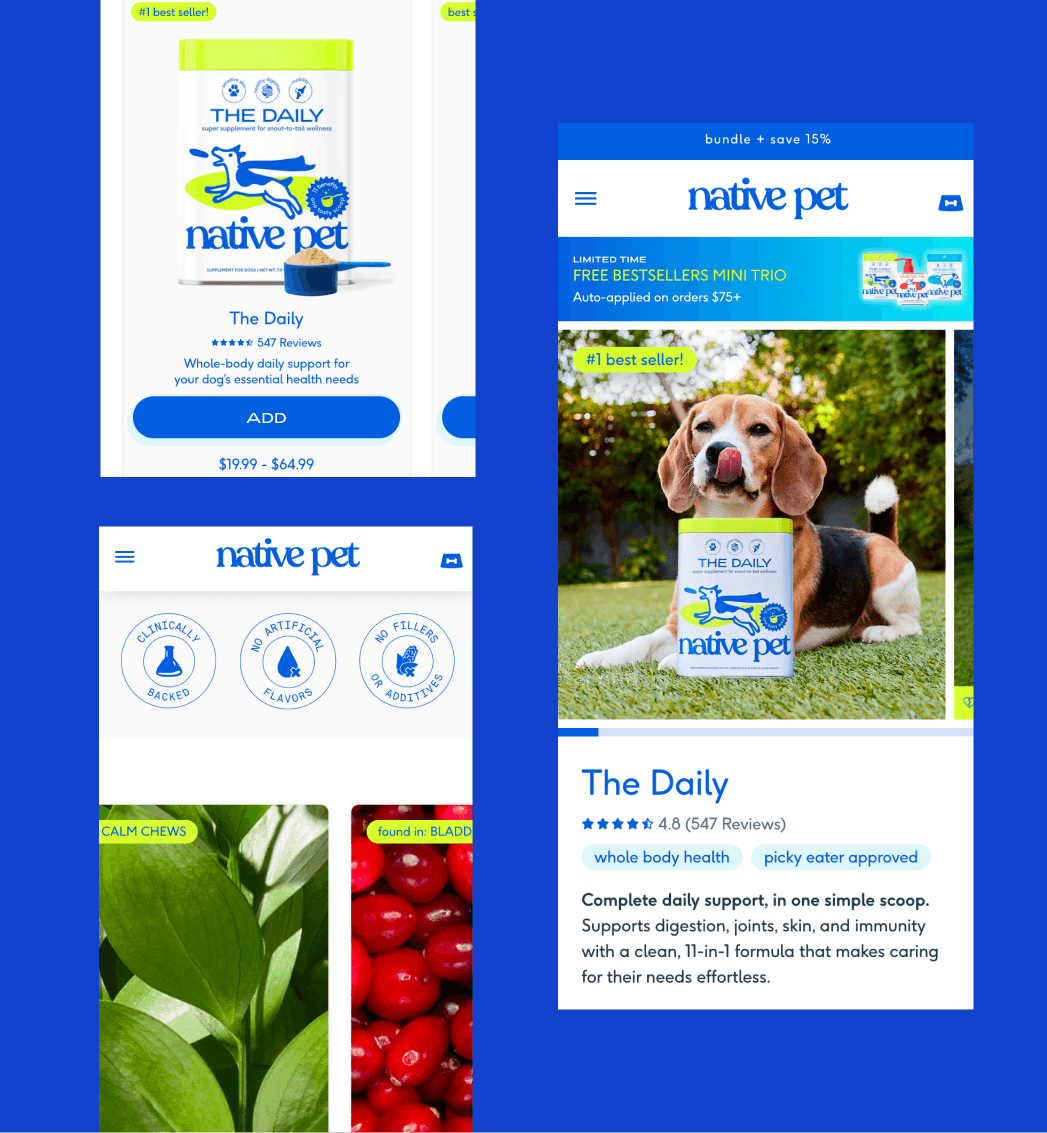 Native Pet mobile storefront displaying pet supplement products and content