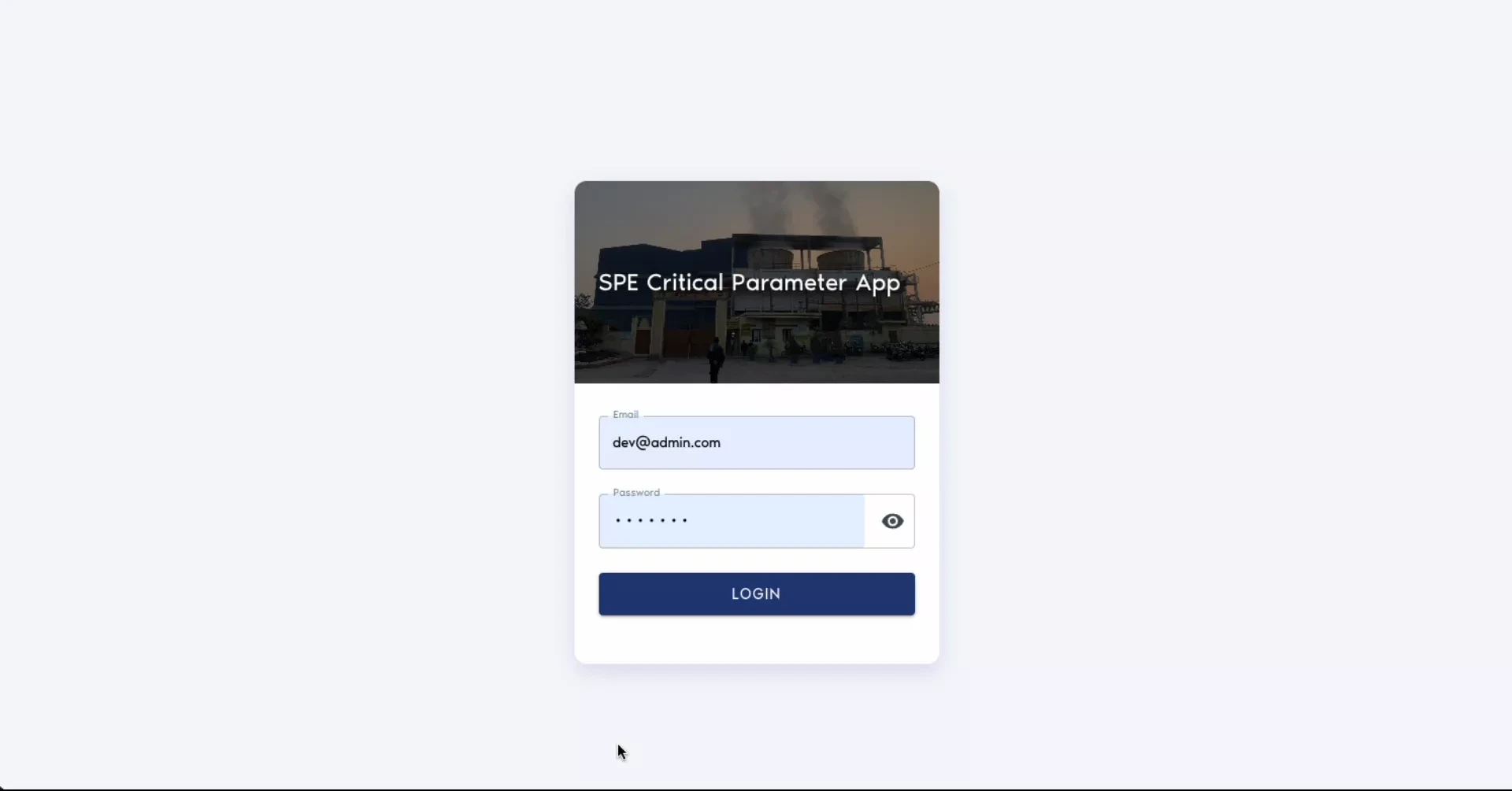 Critical parameter monitoring app login screen
