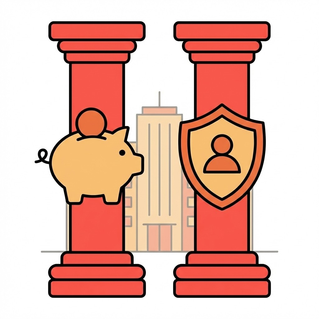 Zwei Säulen vor einem Gebäude: Links ein Sparschwein, rechts ein Schutzschild. Symbolbild für Sparen und finanzielle Sicherheit.