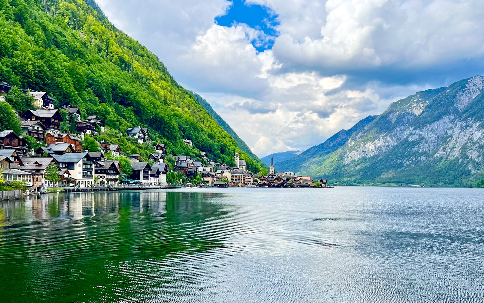 Hallstatt village by the lake with mountains, seen on a day trip from Vienna by bus.