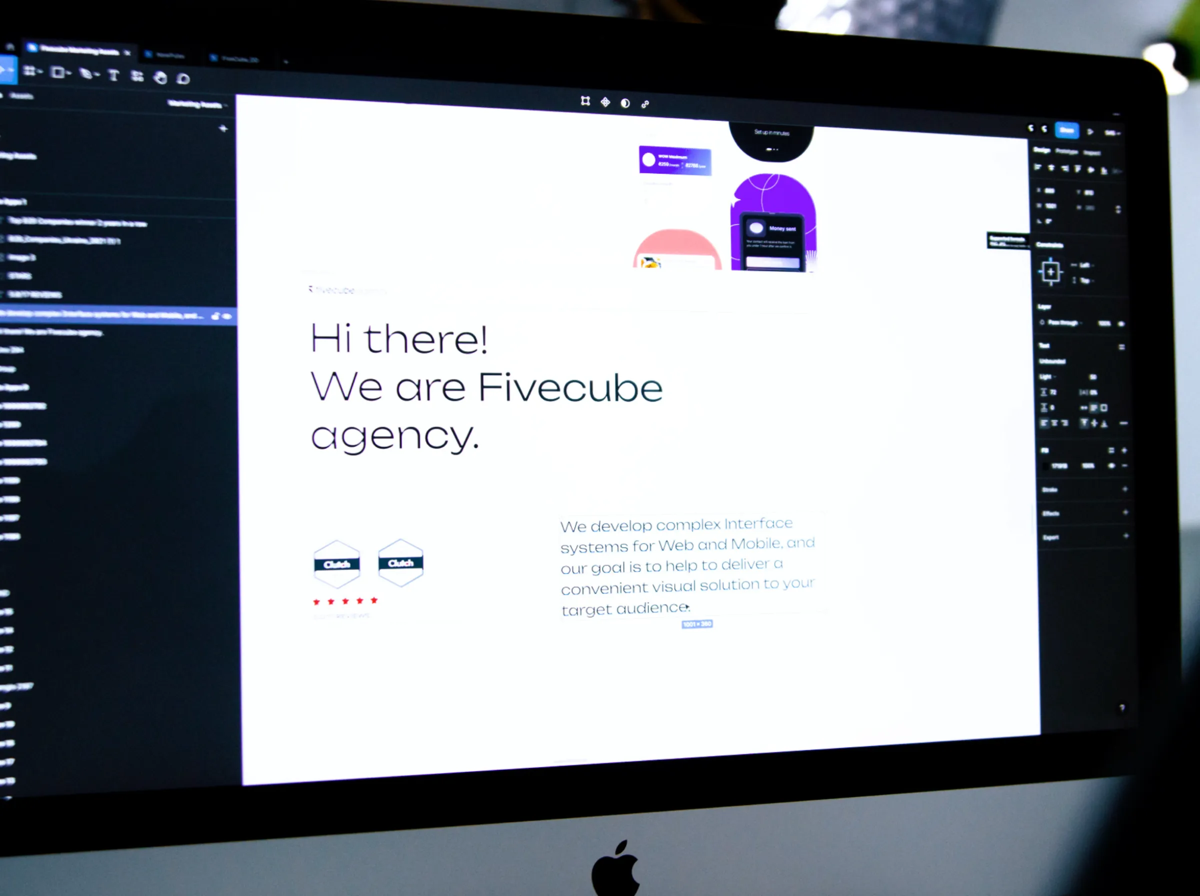Close-up of a desktop screen showing a Figma workspace with a presentation slide that reads "Hi there! We are Fivecube agency" alongside Clutch review badges.
