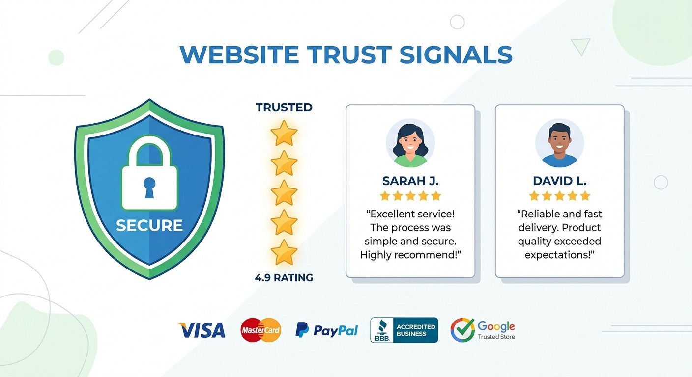 Website trust signals including a security padlock, five-star reviews, and customer testimonials