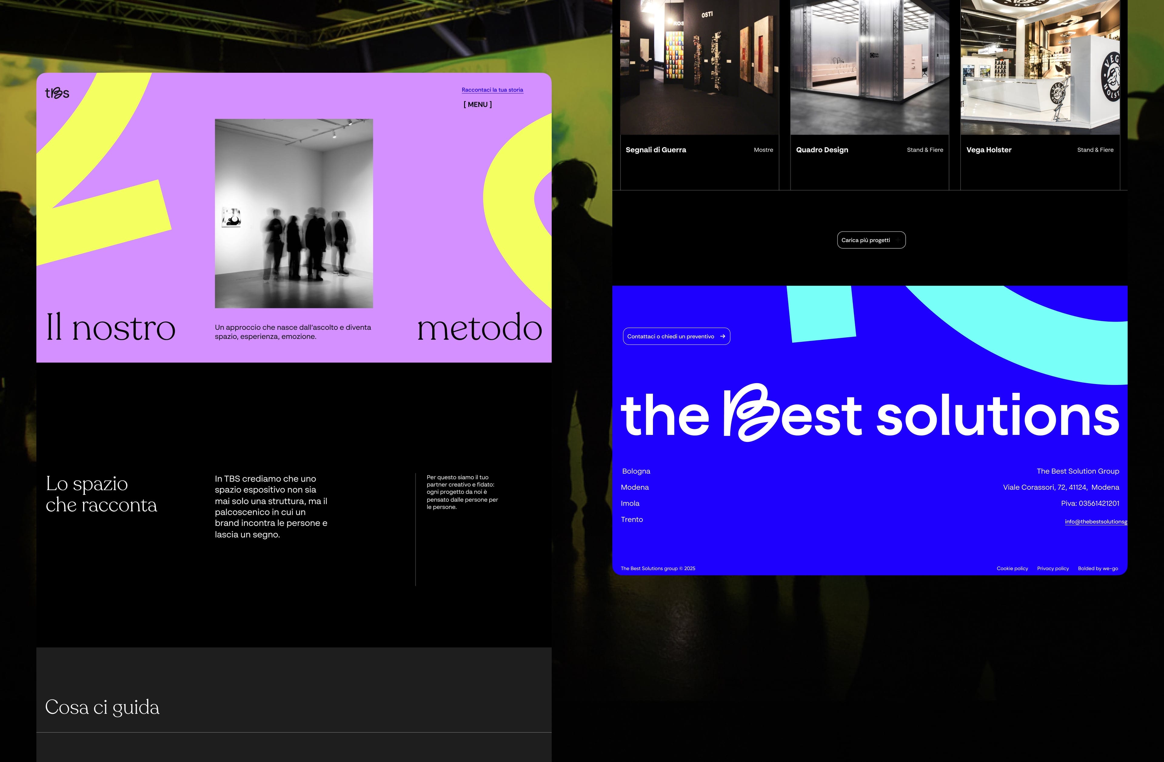 TBS website legacy screens showing the brand method, project gallery, and footer.