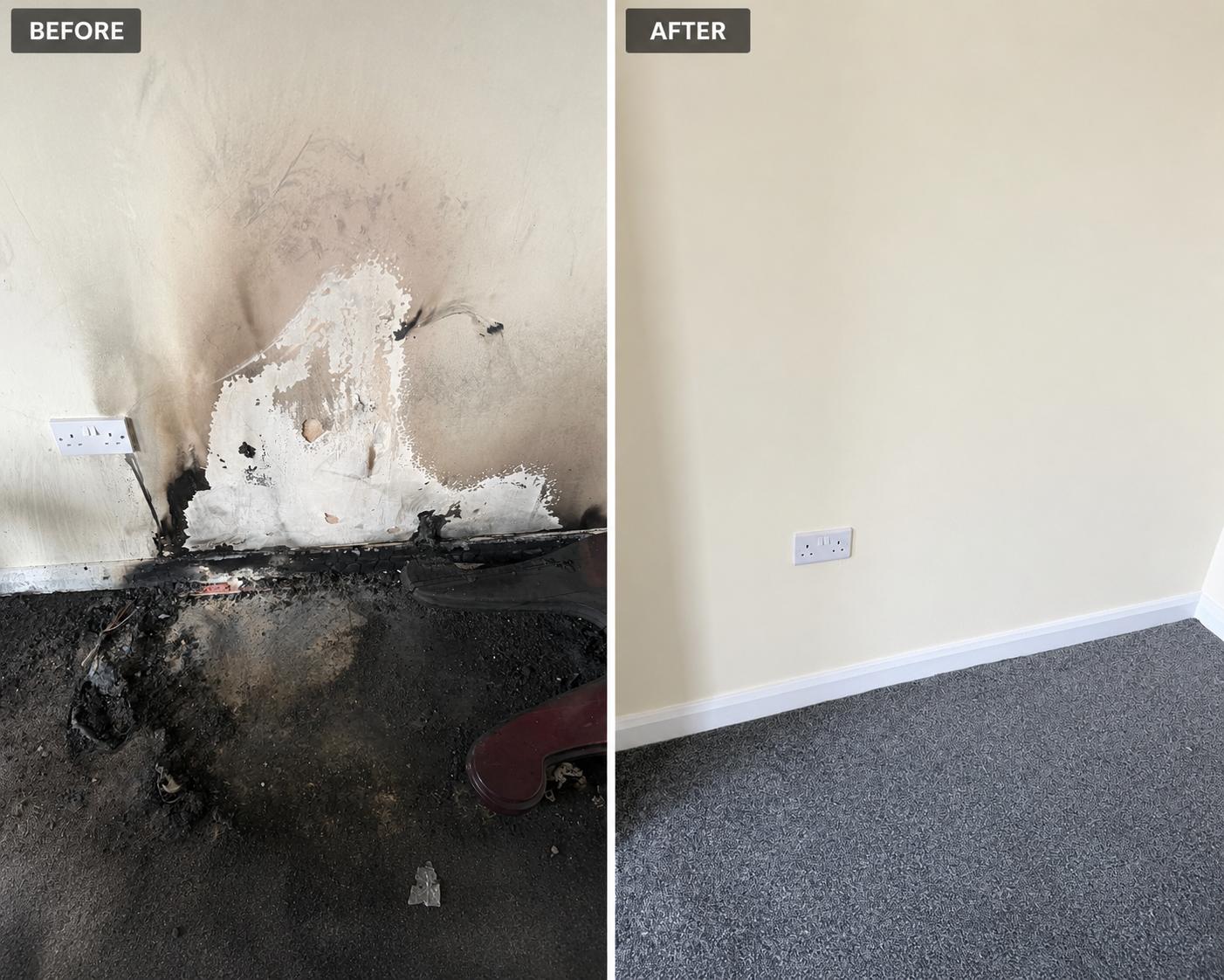 Before and after fire-damaged wall redecoration