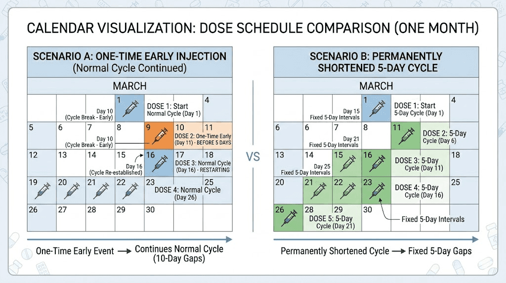 Calendar comparison of one-time early tirzepatide dose versus permanent 5-day schedule change
