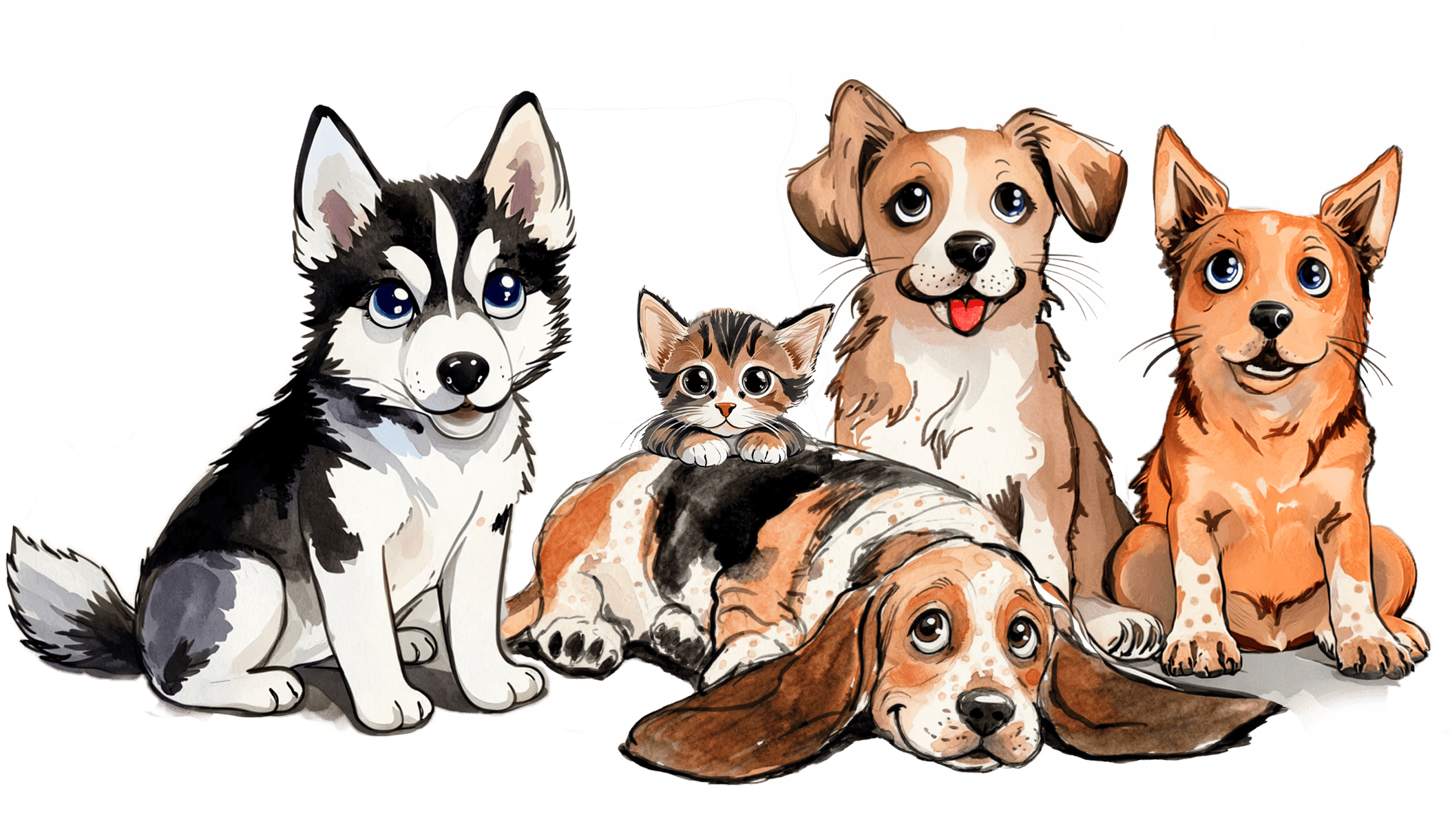 Five adorable dogs of various breeds sitting together, including a husky and corgis, in a playful pose.