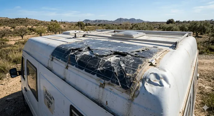 Placa solar de una furgoneta camperizada agrietada, un componente técnico que debe asegurarse frente a roturas.