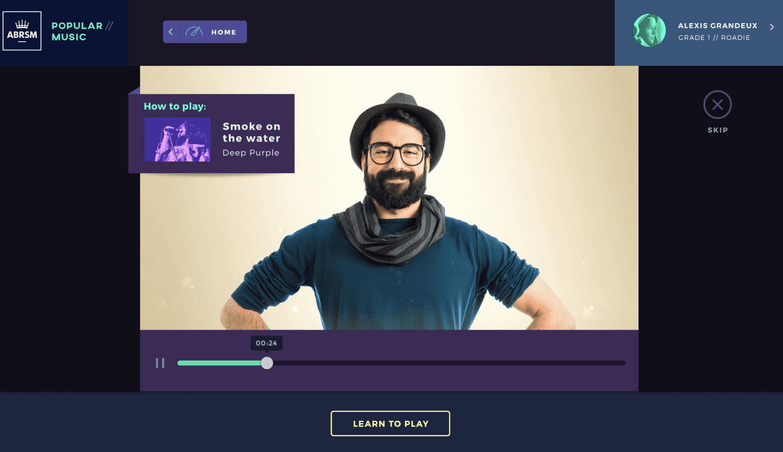 A design layout for a digital product about learning rock guitar, the screen shows the interface of the service and a video playing of a man with a beard, glasses and a hat dressed in cool causal clothes
