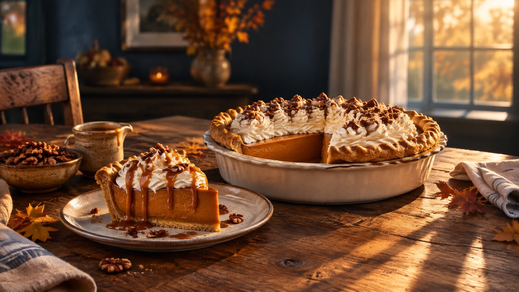 A decadent cream cheese pumpkin pie with whipped cream, salted caramel and toasted pecans on a rustic autumn table