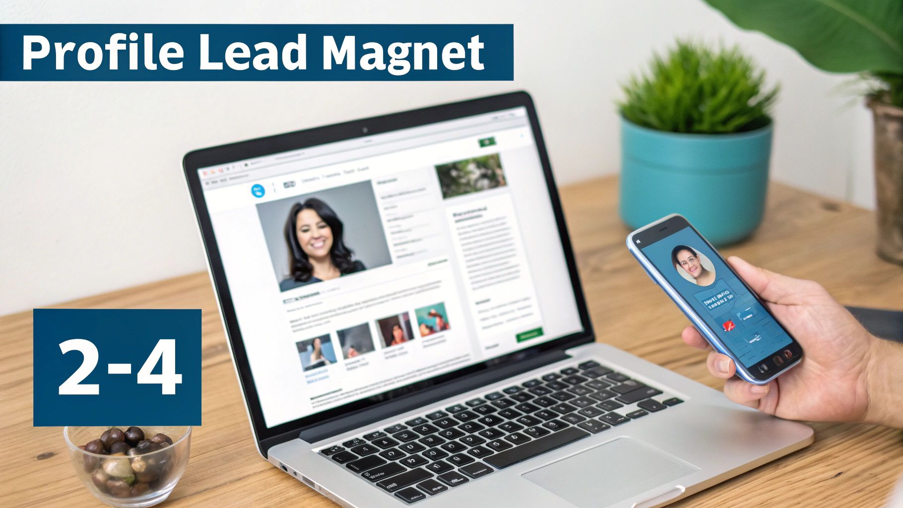 A laptop and smartphone display professional profiles, with 'Profile Lead Magnet' banner above, on a wooden desk.