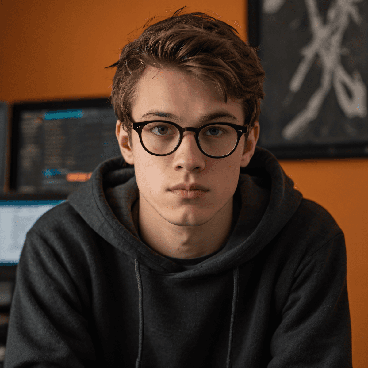 Young man with glasses in a gray hoodie, sitting in front of a computer screen with an orange background.