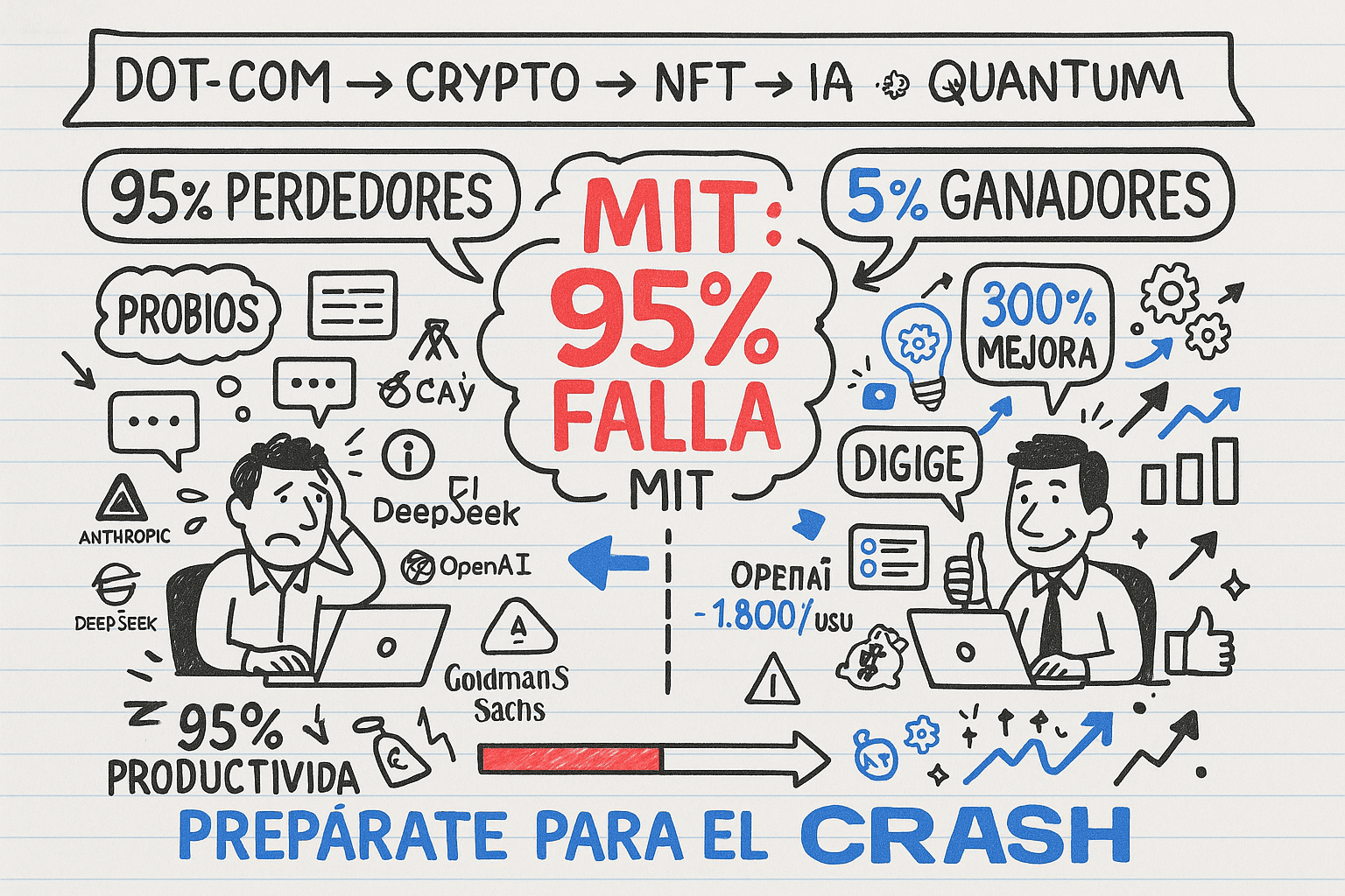 MIT estudio 95% emprendedores pierden dinero IA burbuja explota: comparación visual perdedores vs ganadores, OpenAI pérdidas, quantum computing próxima estafa