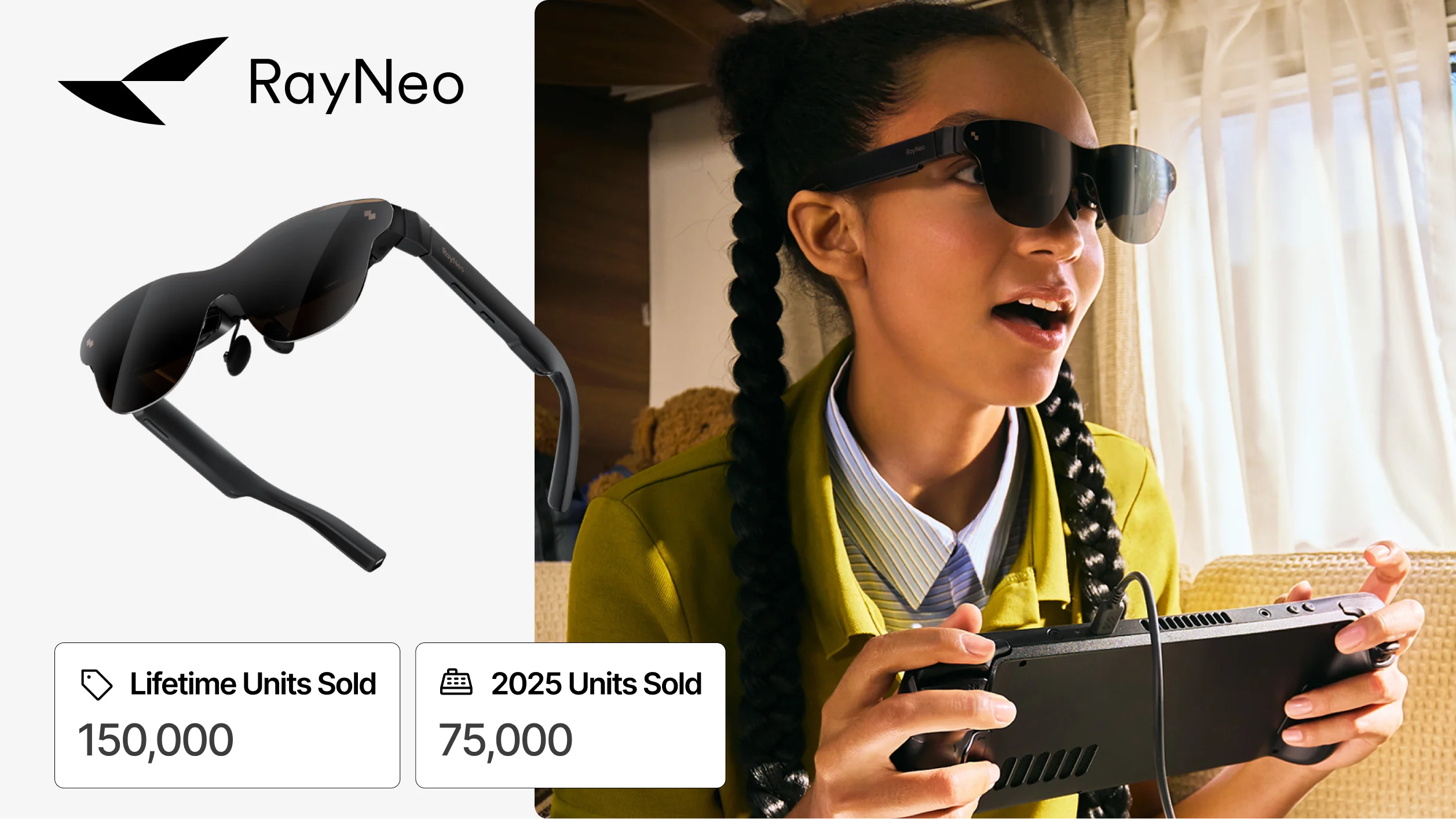 RayNeo X3 Pro AR display glasses by TCL with statistics on lifetime shipments and market share.