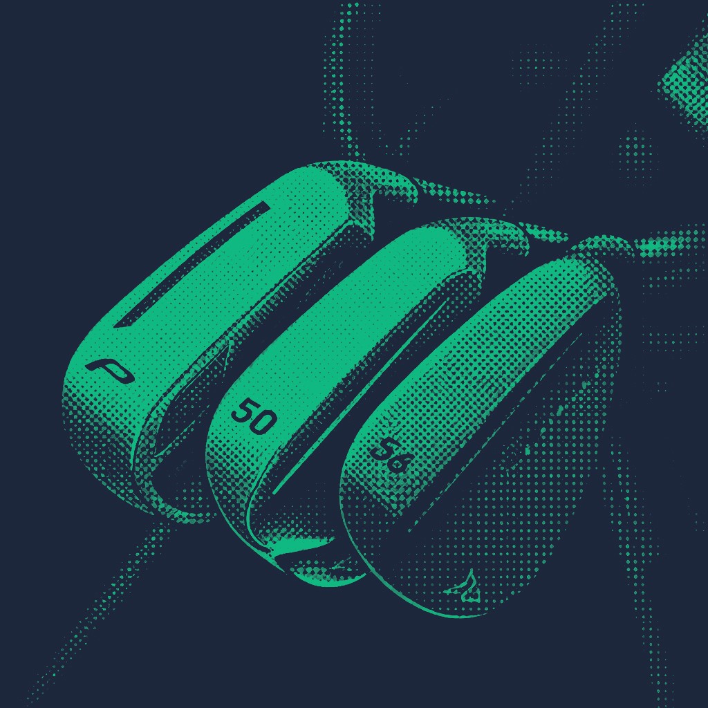 Top-down view of three golf wedges in a bag, labeled P, 50, and 56 degrees in a green halftone style.