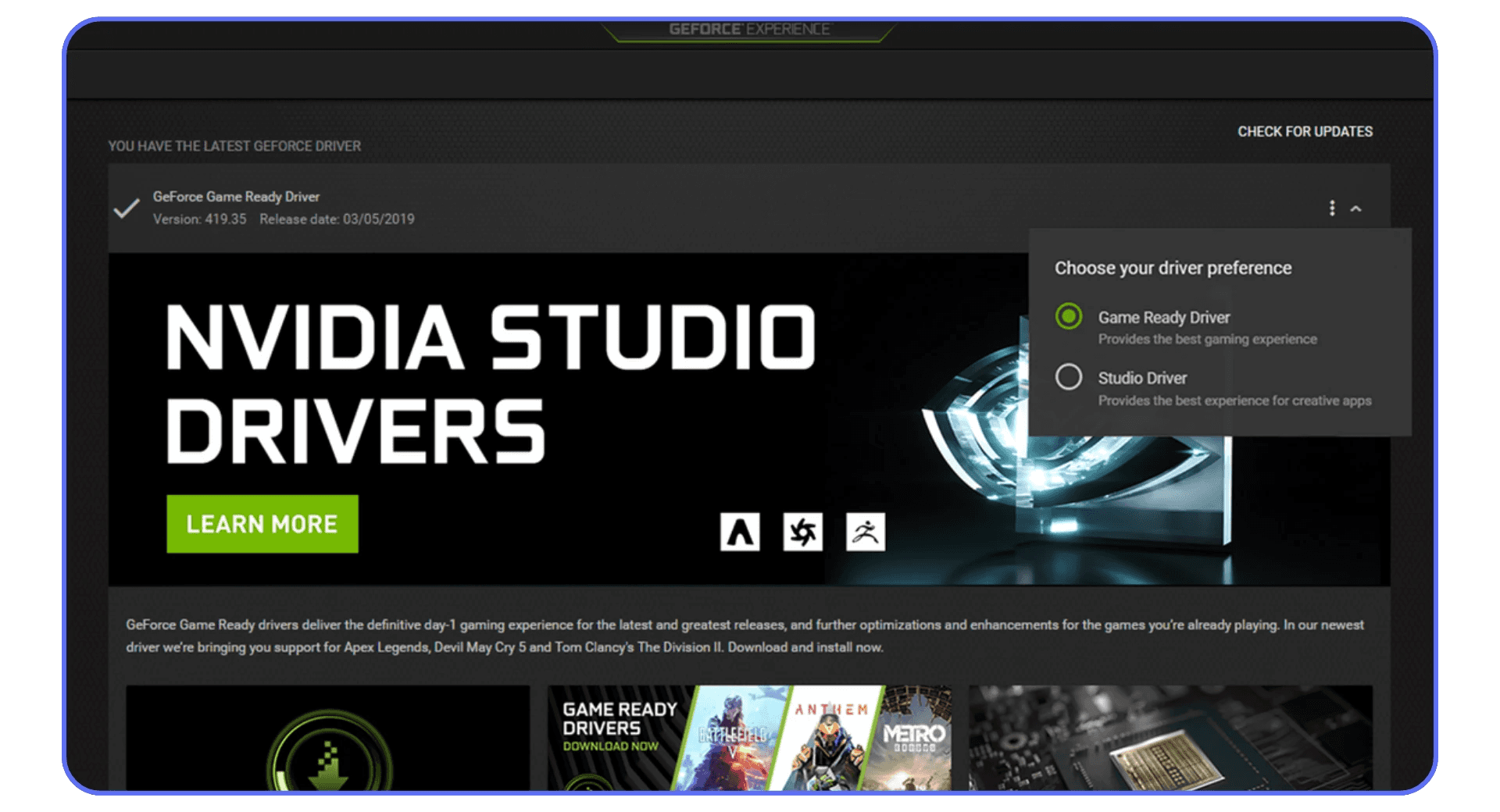 Screenshot of NVIDIA GeForce Experience app showing Studio and Game Ready driver options for GPU performance optimization.