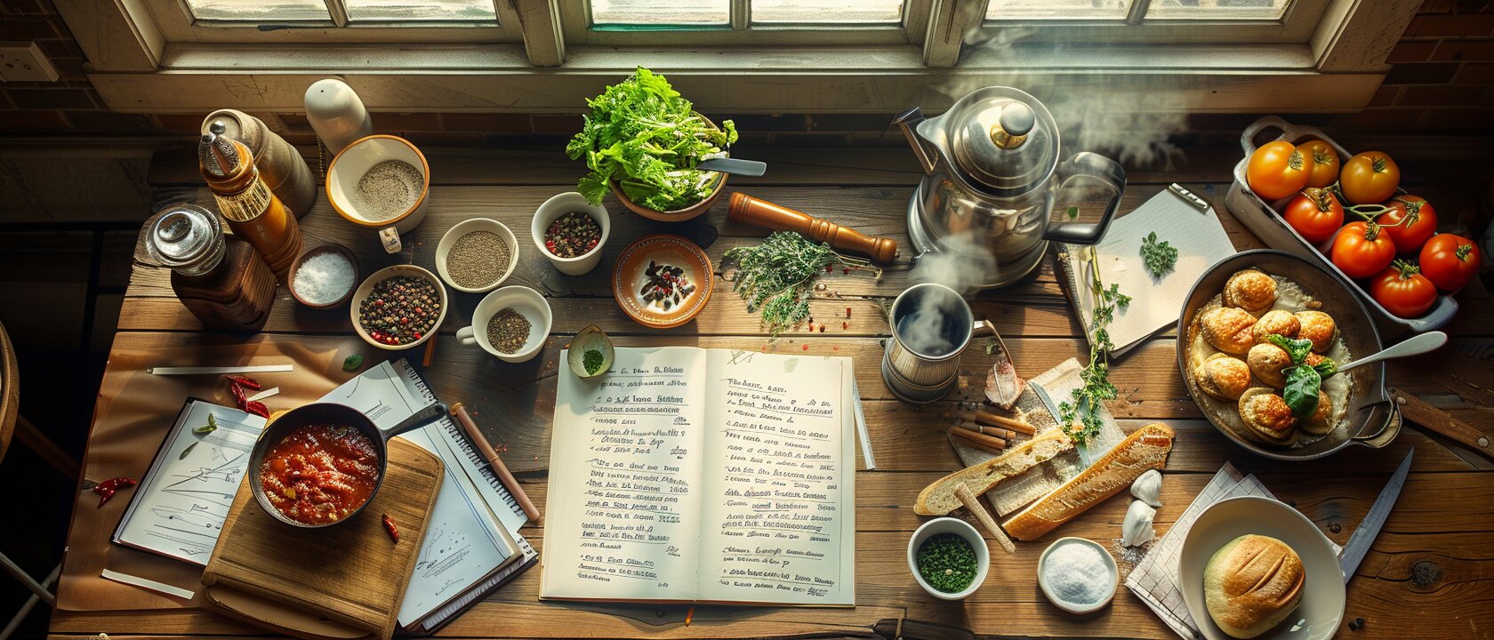 Overhead view of a creative food magazine workspace with recipe notes, photos, and coffee, styled for Chef Iliana Stone’s News & Stories section.