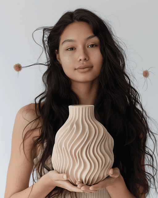 A serene woman with wavy black hair holds a beige ceramic vase with a wavy design, set against a minimalist white background.