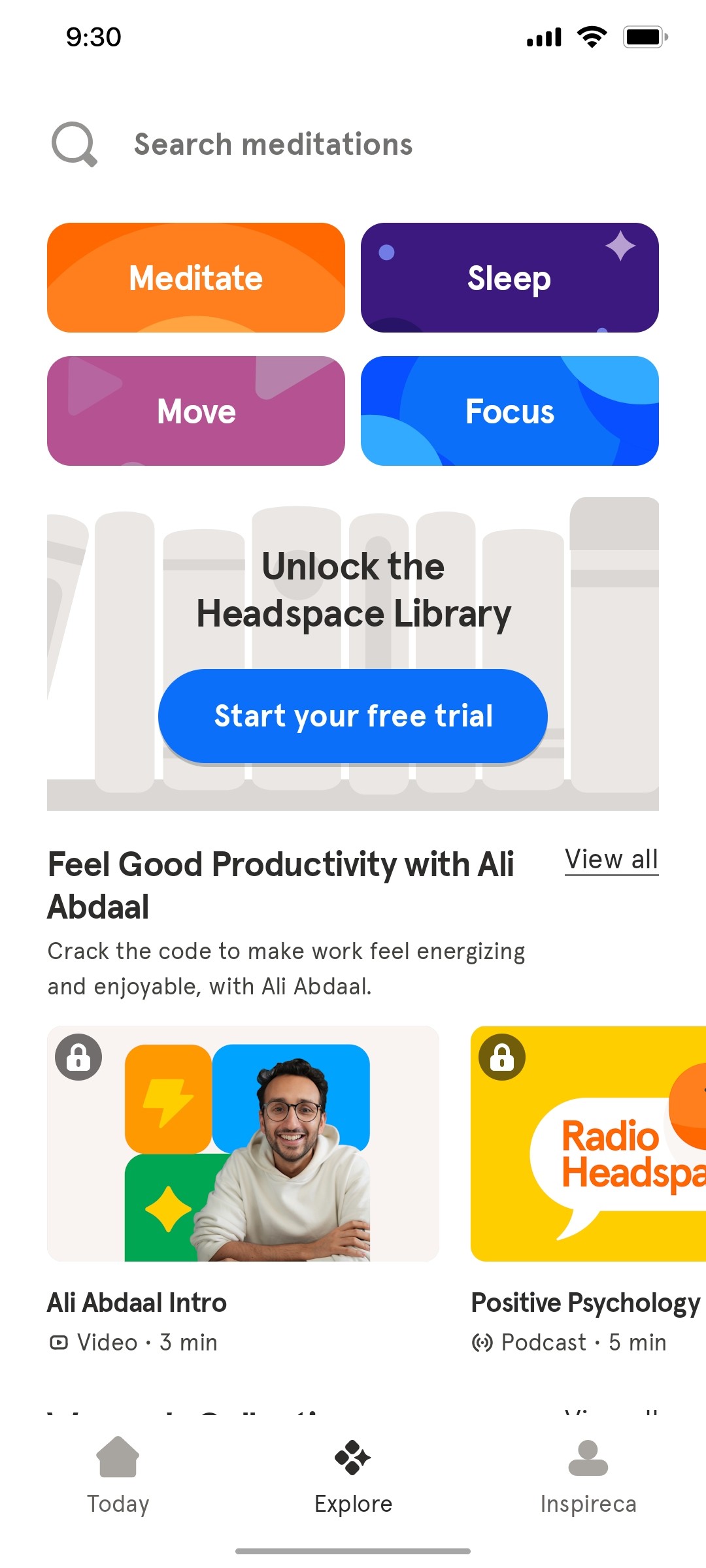 Headspace Explore screen