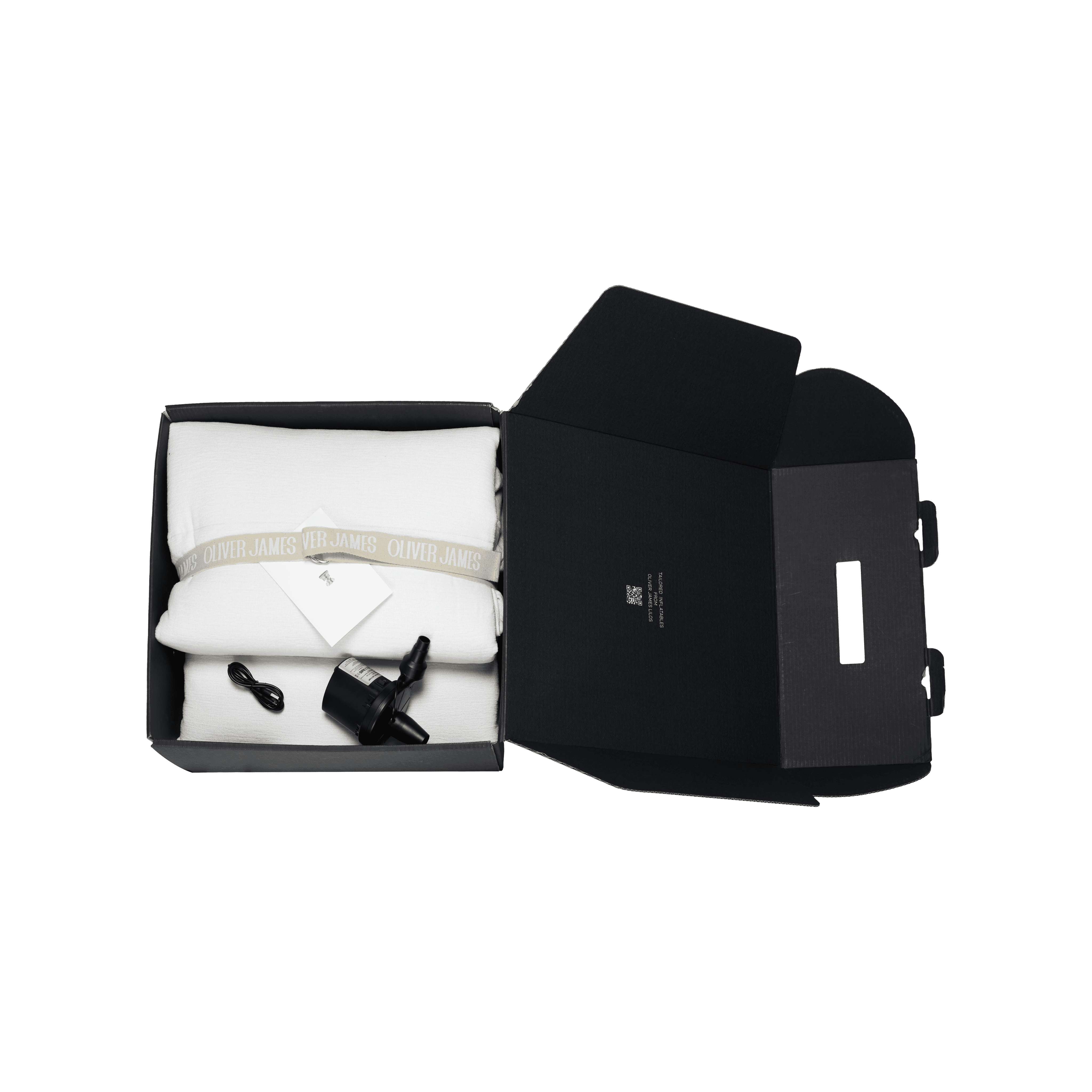 White chenille lilo folded in its structured black travel case with branded label and securing straps