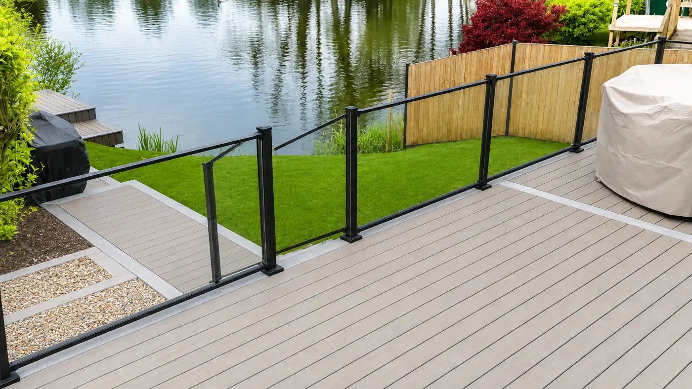 Trex deck with black glass balustrade overlooking a lake
