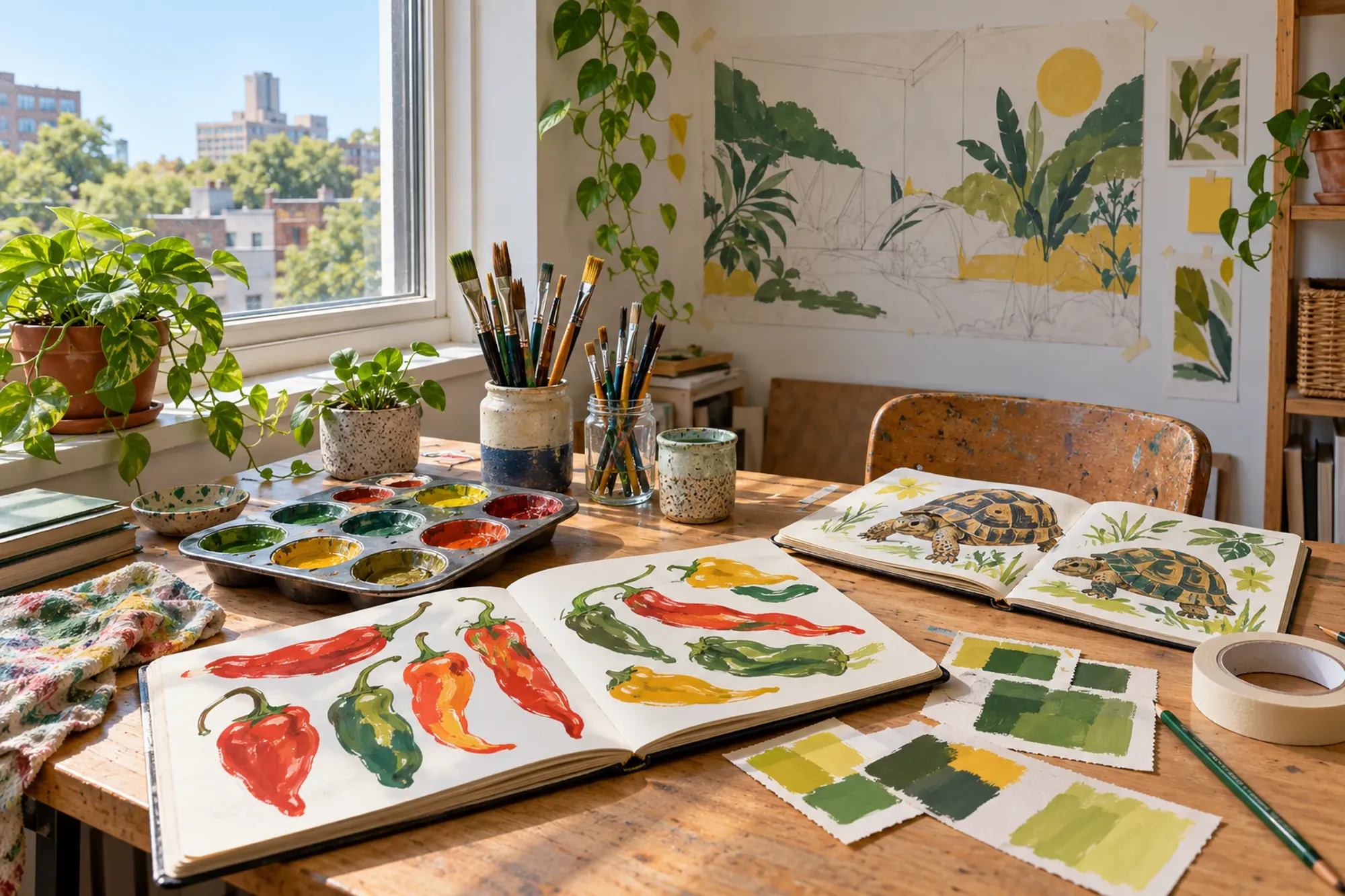 Paloma’s drawing table in daylight, with pots of gouache, brushes and open sketchbooks