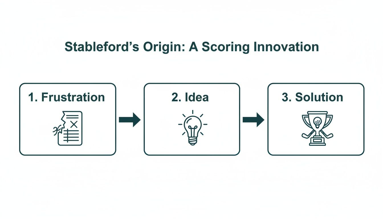 A flowchart showing Stableford golf scoring origin: frustration (torn scorecard), idea (lightbulb), and solution (golf trophy).