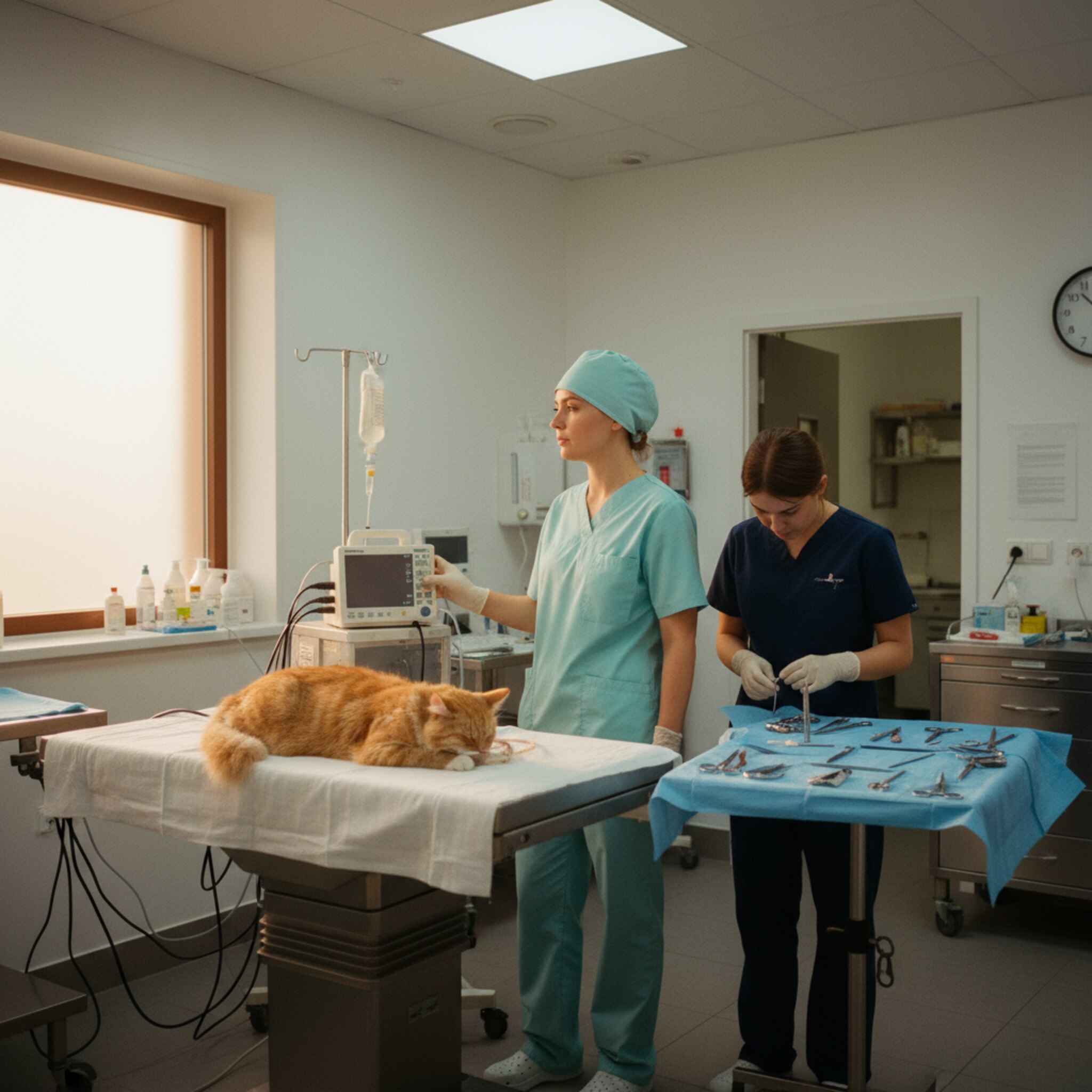 Ein OP-Raum mit warmem Licht, in dem ein schlafender Kater auf einem sterilen Tisch liegt. Eine Tierärztin justiert den Narkosemonitor, während ein Assistent die Instrumente bereitlegt. Die Atmosphäre ist fokussiert und routiniert, alles wirkt aufeinander abgestimmt. Ein dezentes Summen aus dem Nebenraum untermalt die Ruhe.