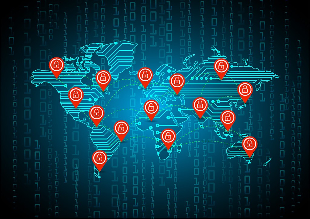 Mapa mundial digital com marcadores de localização contendo ícones de cadeado, representando ameaças globais de cibersegurança e proteção de dados em redes internacionais - FindUP - Capilaridade de TI