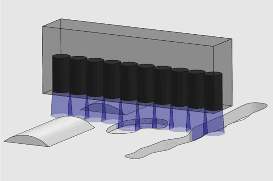 3D schematic of cylindrical objects within a transparent structure, with blue light projections, and a curved wing-like shape.