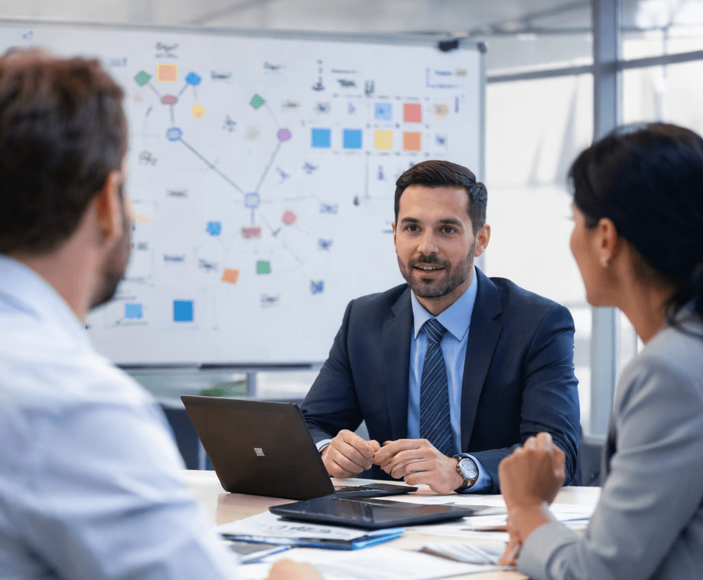 Business executives discussing strategy in a corporate meeting room