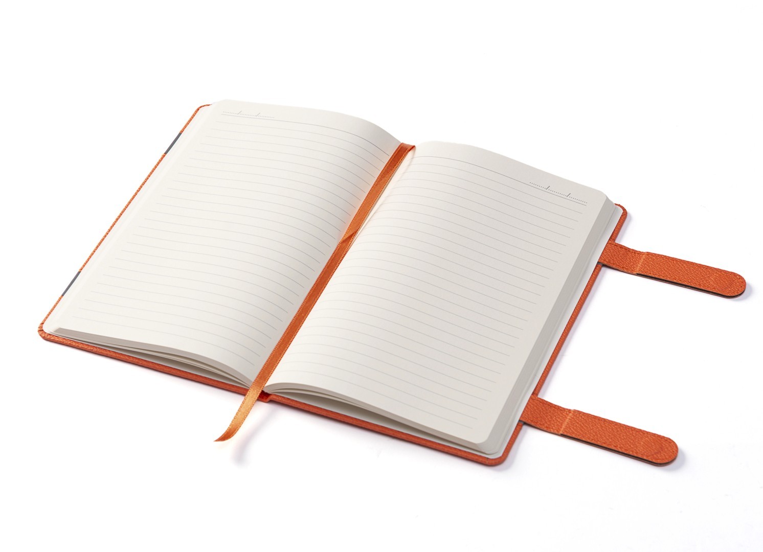Open notebook displaying lined pages and orange bookmark.