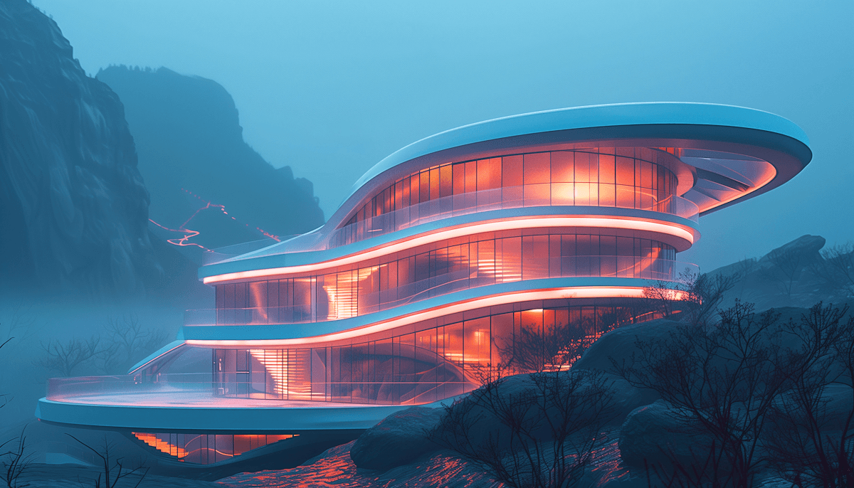 Futuristic glowing curved glass building nestled against a dark mountain.