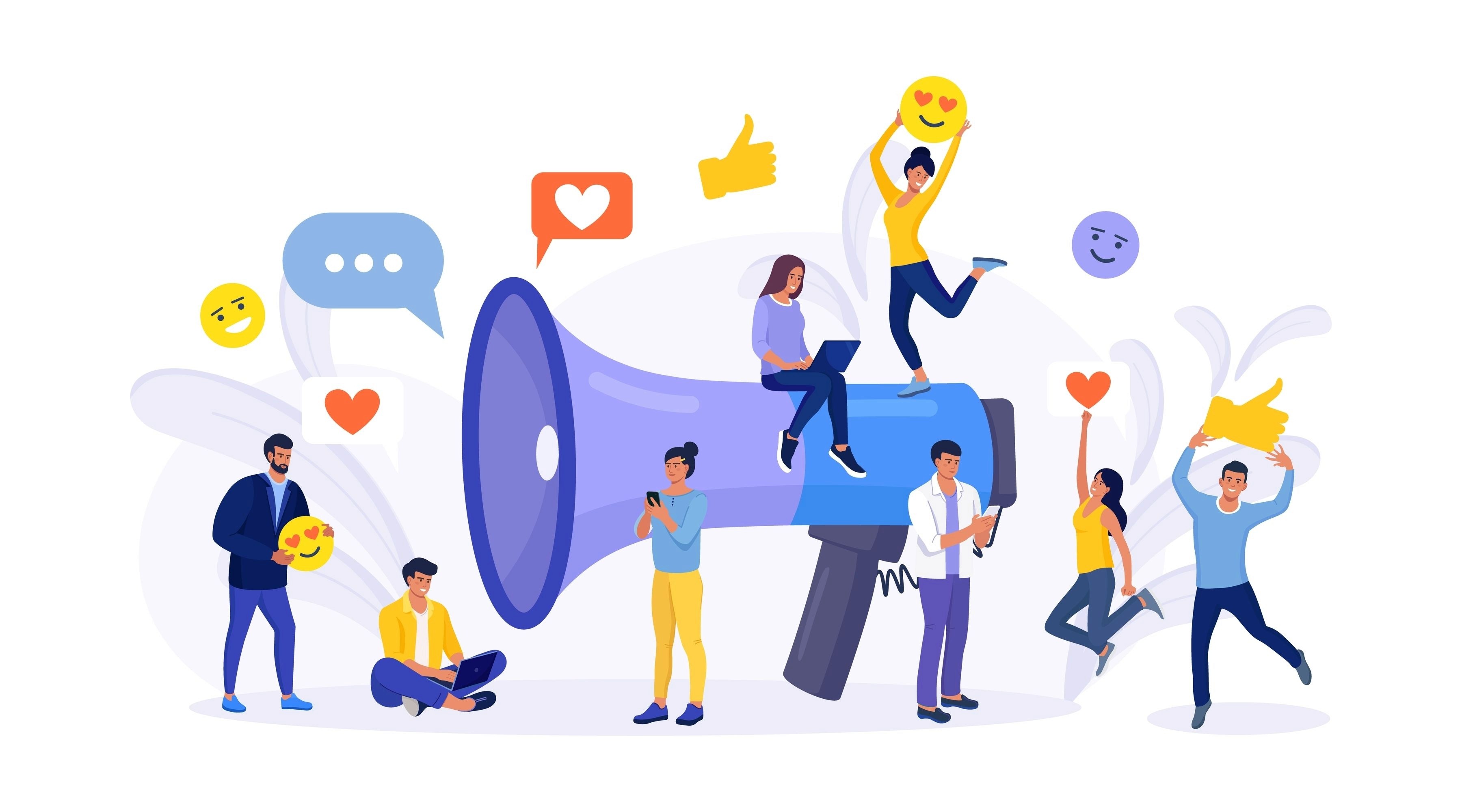 Group of creators around a large megaphone with social media engagement icons and emojis
