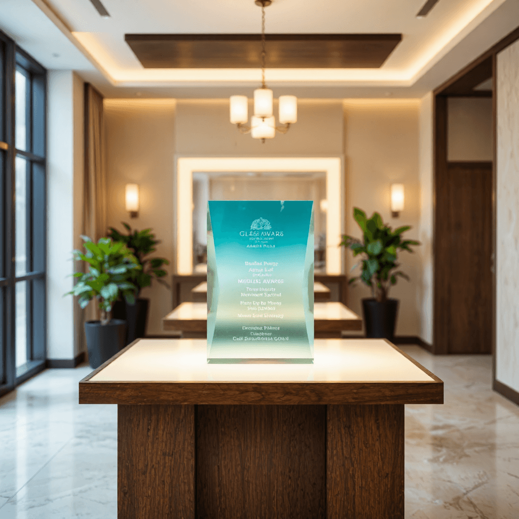 product photography of glass award plaque