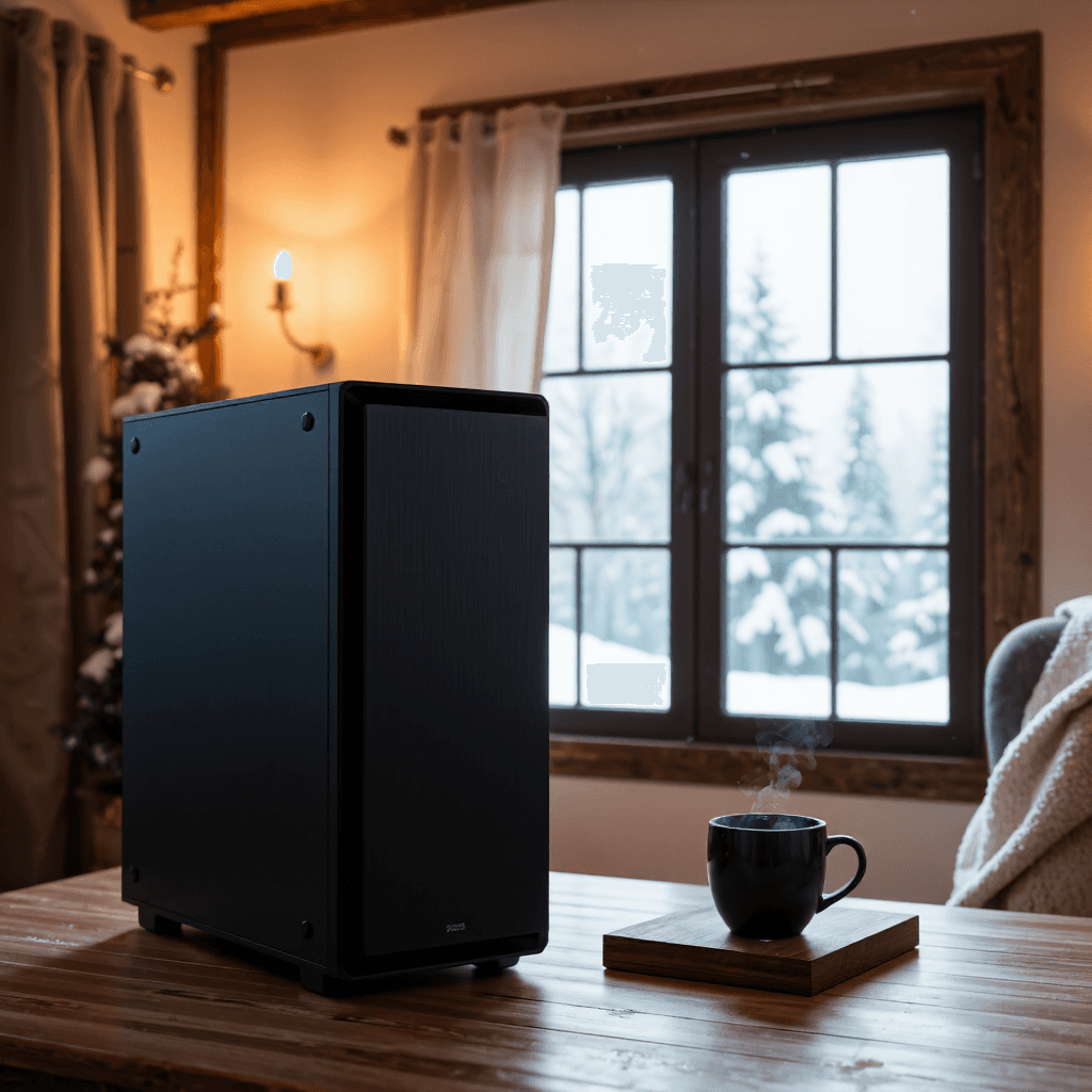 product photography of a desktop computer tower, used for computing tasks
