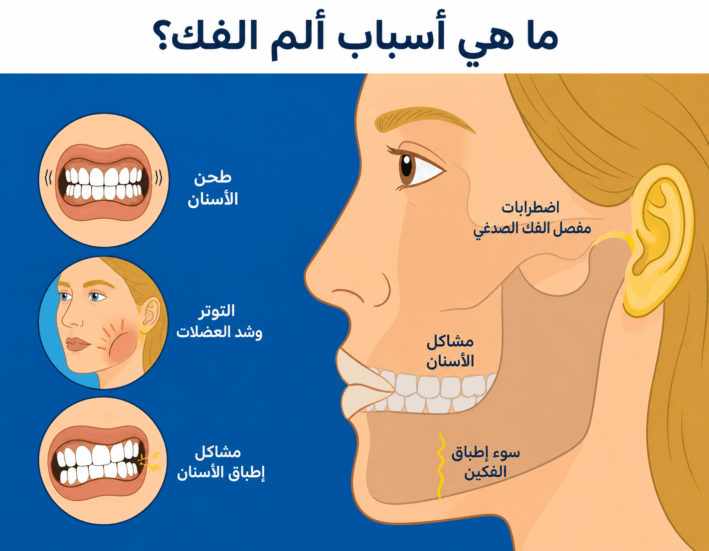 إنفوجرافيك توضيحي يستعرض أهم الأسباب المؤدية إلى ألم الفك، مثل صرير الأسنان، اضطرابات المفصل الفكي الصدغي 