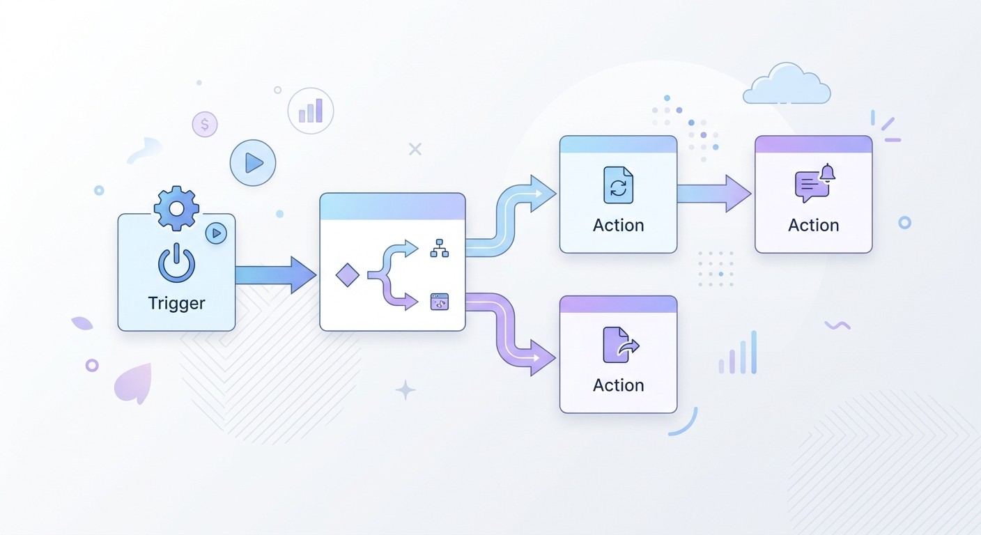 A flat illustration of an app workflow: a trigger connected to action blocks in when-this-then-that logic.