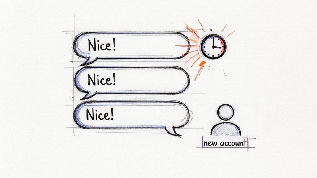 Hand-drawn sketch showing rapid 'Nice!' messages from a new account, highlighted by a clock.