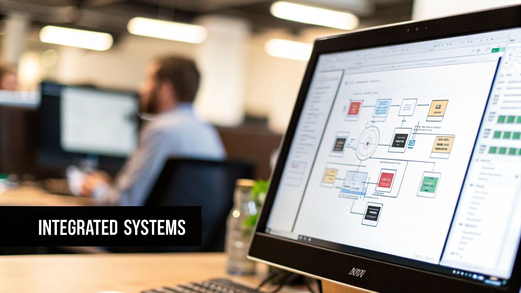 A computer screen shows a complex diagram of integrated systems, with an office worker in the background.