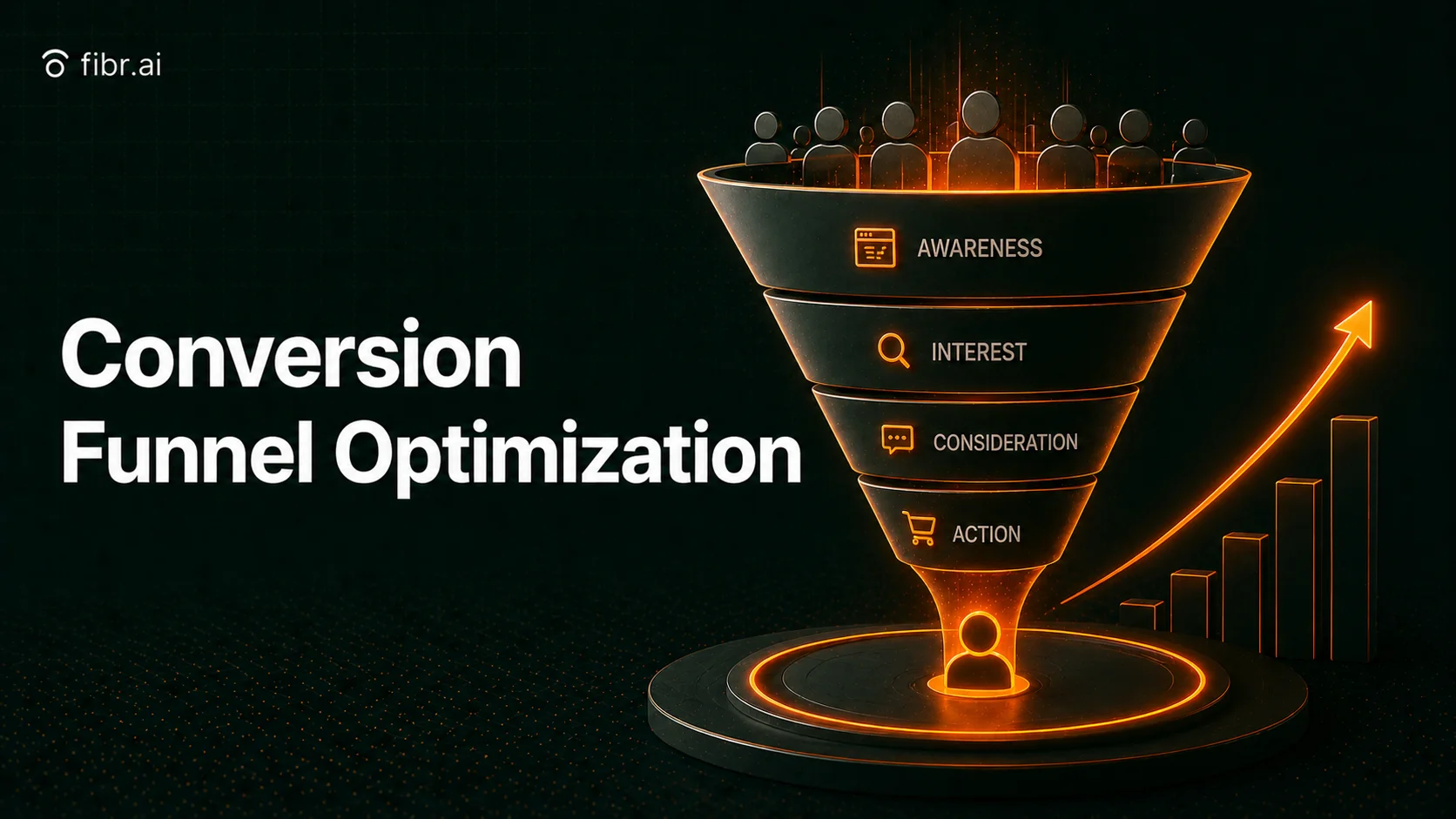 Conversion funnel optimization visualization showing users progressing through stages like awareness, interest, consideration, and action, leading to higher conversions and measurable growth.