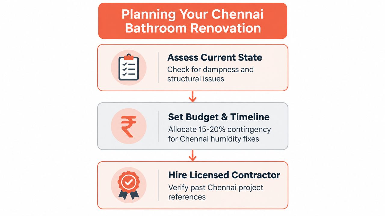 A flowchart guide outlining essential steps for planning a successful bathroom renovation project in Chennai.