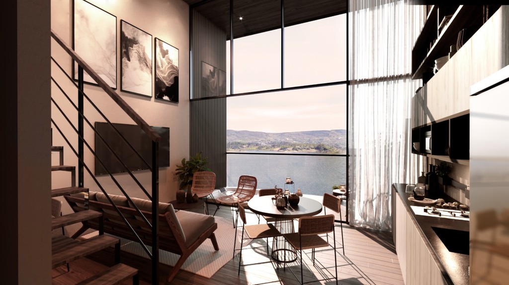 render del interior de una cottage de Yuniko